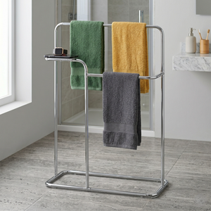 Porte-serviettes autoportant moderne en chrome à 3 barres avec étagère de rangement pour salle de bain, support à serviettes mobile - Product Image 1