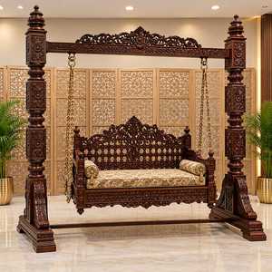 Banc suspendu Jhula artisanal en bois au design traditionnel, avec dossier sculpté orné, suspension à chaîne en laiton et assise rembourrée pour balcon - Product Image 6