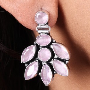 ARTS JEWELS Pendientes Colgantes de Plata Oxidada y Latón con Cuarzo en Bisel, Diseño de Flor, Estilo Étnico, Regalo para Mujer, Joyería Festiva - Product Image 1