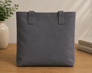 Minimalist Gray Cotton Tote <b>Bag</b> With Embroidery Front Pocket Shoulder Strap Open Top - Product Image 6