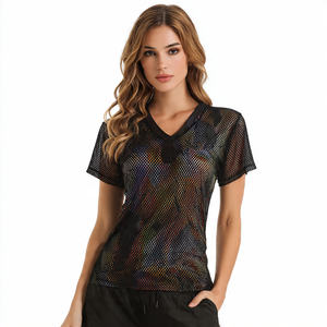 Hauts en jersey à col en V pour hommes, manches courtes, en maille filet, 100 % polyester et coton, OEM - Product Image 3