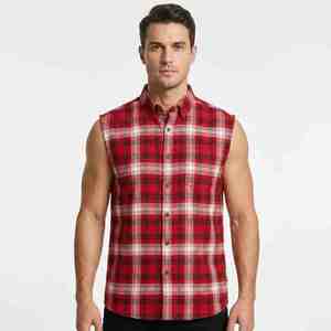 Camisa de Franela a Cuadros sin Mangas para Hombre, de Algodón de Lujo, Roja, Negra y Blanca, con Cuello Abotonado, Informal, Transpirable, de 140g, Tejida - Product Image 2