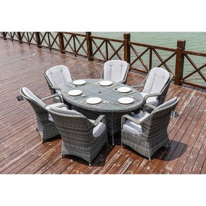 Set da Pranzo Ovale in Vimini Grigio a 7 Pezzi, Elegante Collezione di Mobili da Giardino - Product Image 2