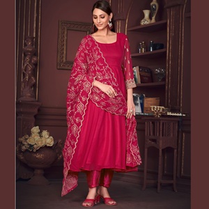 Ensemble Anarkali Rose de Luxe Premium pour Femme, Manches 3/4, en Santoon et Tulle, Semi-Couture, Extensible, Séchage Rapide, Idéal pour Fêtes et Mariages - Product Image 1
