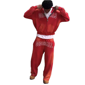 Red Rhinestone Graphic <b>Zip</b> <b>Up</b> <b>Hoodie</b> and Wide Leg Sweatpants Two Piece Tracksuit Set for Men Streetwear Custom Size and Color - Product Image 2