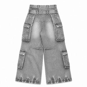 Pantalon cargo en jean ample et large pour homme avec logo personnalisé, gris chiné délavé, multi-poches, style workwear minimaliste, OEM ODM - Product Image 2