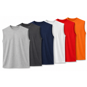 Débardeur côtelé en coton uni anti-boulochage 140g, sans manches, col rond, style muscle, gilet de sport - Product Image 1