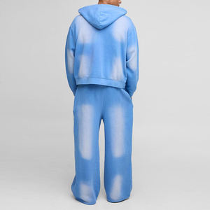 Men's Light Blue Washed Fleece Tracksuit Two Piece Set Full Zip <b>Hoodie</b> And Wide Leg Sweatpants Casual Streetwear Activewear - Product Image 5