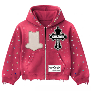 Sweat à capuche unisexe tendance streetwear surdimensionné avec fermeture éclair et strass personnalisés, en tissu 100% coton - Product Image 1