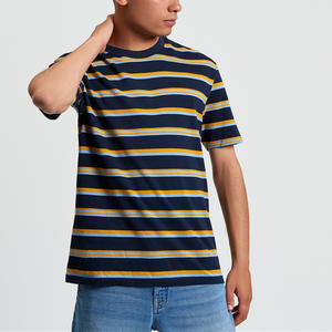 T-shirt en coton rayé pour homme, personnalisable OEM/ODM, vente en gros, T-shirt en jersey épais rayé bleu et blanc de haute qualité, respirant - Product Image 2