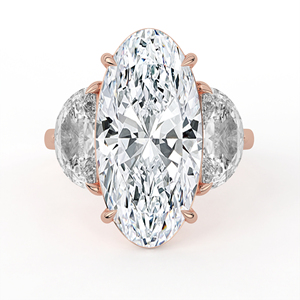 14K 18K Solid Yellow Gold Lab Grown Diamond <b>Ring</b> Oval Cut Center Half <b>Moon</b> Side Stone Trilogy Three Stone Engagement Band - Product Image 1