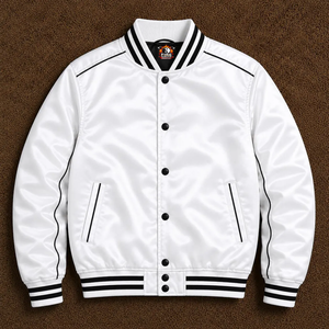 White Men's Varsity <b>Jacket</b> Regular Fit Solid Color Turn-down Collar Button Closure Polyester Material Autumn Casual Style - Product Image 1