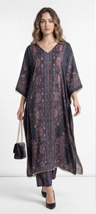 Robe longue kaftan pour femme en soie polyéthylène à plumes, coupe ample, élégante et fluide, pour toutes les saisons, tenue décontractée - Product Image 2