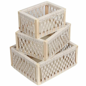 Set of 3 <b>Rectangular</b> Luxurious Macram Storage Hamper <b>Basket</b> Trays with Handles for Home Organization Decore Bedroom Living Room - Product Image 1