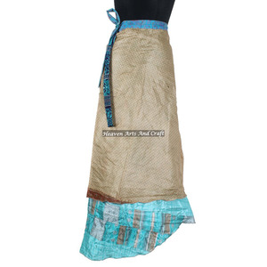 Faldas de Sari de Seda Estampadas Indias, Faldas Cruzadas Largas de Seda Vintage para Mujer, Sari Reversible de 2 Capas - Product Image 2