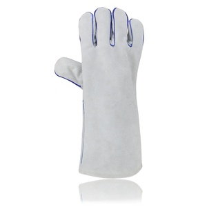 Gants de soudage en cuir de vache blanc naturel avec doublure en coton polaire cousu bleu Fonction anti-impact pour soudeur - Product Image 4