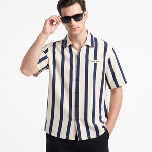 <b>Men's</b> Modern Boxy Fit <b>Shirt</b> with Black <b>White</b> Vertical Stripes Button Up Front Short <b>Sleeve</b> Casual Streetwear Top Wholesale - Product Image 3