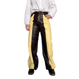 Pantalones de mujer de cintura alta, acampanados, de piel sintética, con paneles de colores, estilo motociclista, largos, holgados, para invierno - Product Image 1