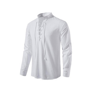 Chemise décontractée pour homme à manches longues, col montant, en tissu popeline, avec laçage sur le devant, pour l'automne - Product Image 1