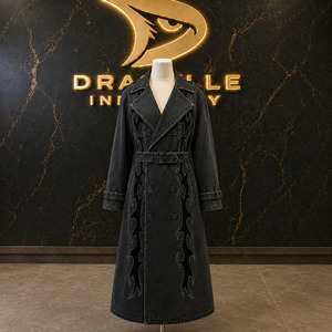 Gabardina de Mezclilla de Lujo con Apliques de Pedrería para Hombre, Estilo Gótico, Negra, Larga, con Doble Botonadura y Cinturón - Product Image 1