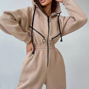 Women Hooded Full Length <b>Jumpsuit</b> Solid Color Zipper Front Casual Breathable Spandex Polyester Autumn Wear - Product Image 5