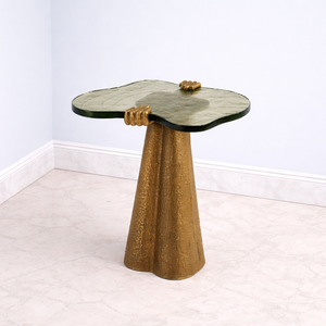 Mesa de Bar Artística de Aluminio Fundido con Base Cónica Esculpida, Acabado Texturizado, Tapa de Vidrio de Diseño, Pieza Destacada, Acento de Lujo para el Hogar - Product Image 1