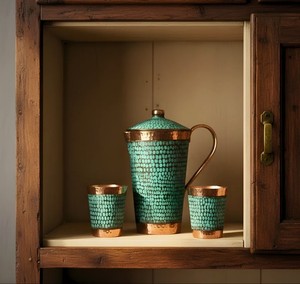 Ensemble de gobelets en cuivre Areeb, finition patine, style bohème antique, grande capacité, avec couvercles et poignée - Product Image 1
