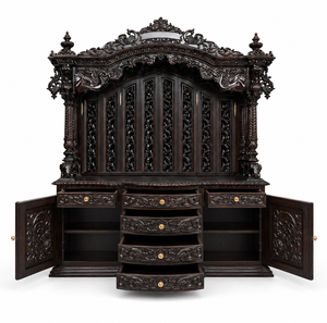 Antique Black Hand Carved Pooja Temple Handcrafted Wooden Pooja <b>Mandir</b> with Cabinet and Drawers Heavy Carved Teak Wood Temple Uk - Product Image 2