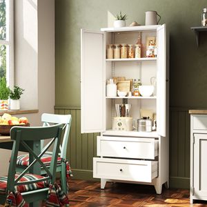 72-Inch <b>White</b> Freestanding Pantry <b>Cabinet</b> with 2 Drawers Heavy Duty Kitchen <b>Storage</b> Organizer Adjustable Shelves - Product Image 2