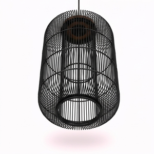 Modern <b>Black</b> Rattan Bamboo Pendant Light Cylinder <b>Lantern</b> Chandelier Ceiling Lamp For Living Room Hotel Bali Handcrafted Fixture - Product Image 4