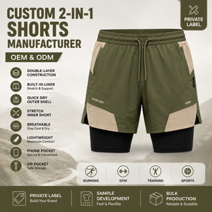 Men's Color Blocked Quick Dry Sport Shorts With Pockets Drawstring Waist <b>Mid</b> Length Olive Green Beige Two <b>Layer</b> Design - Product Image 6