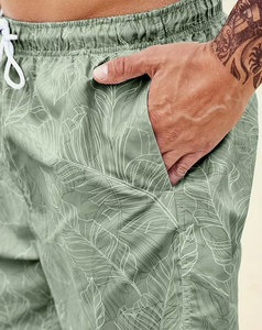 Men's Green Tropical Print Quick Dry Board Shorts With Pockets Drawstring Waist Casual Beach Swimwear - Product Image 5