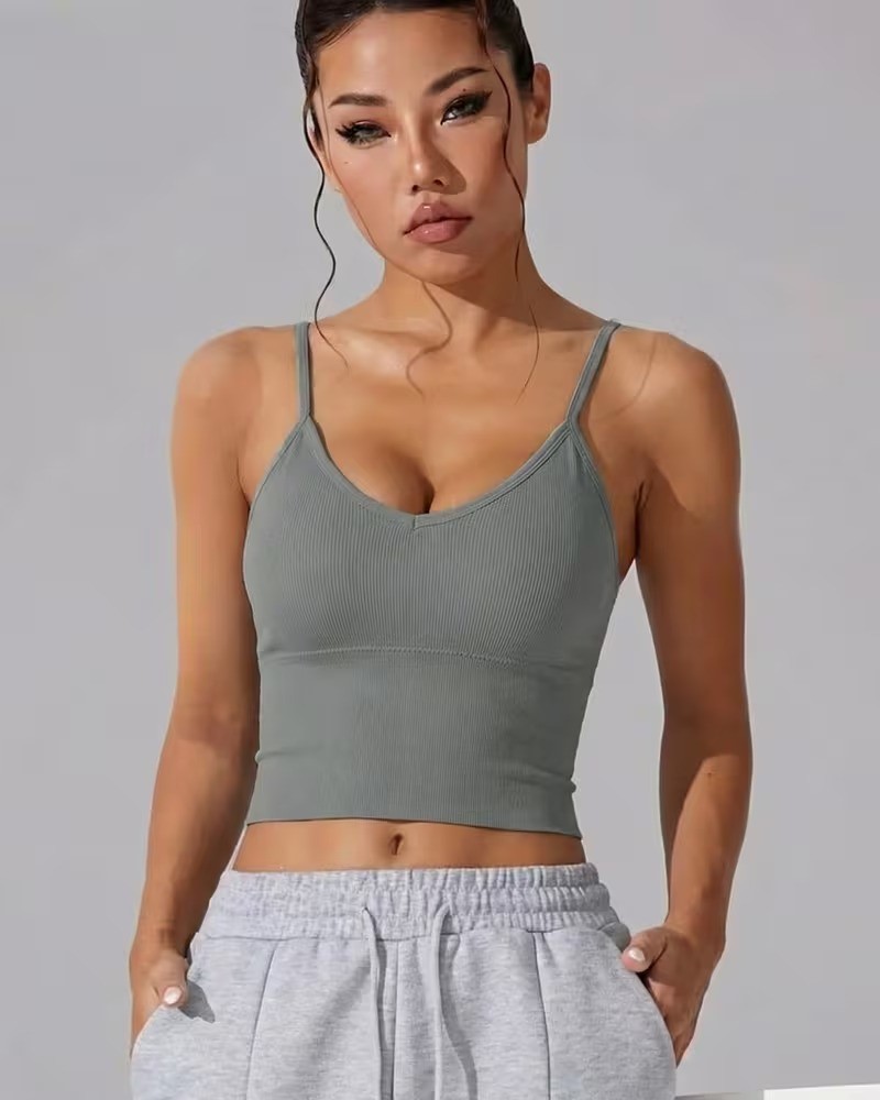 High Stretch Seamless Knit White Athletic Bra | Deep V Neck Strappy Yoga Top | Compression Molded Non Fade Sportwear Cami