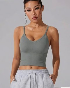High <b>Stretch</b> Seamless Knit White Athletic <b>Bra</b> | Deep V Neck Strappy Yoga Top | Compression Molded Non Fade Sportwear Cami - Product Image 1