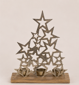 High-Quality Metal Christmas <b>Tree</b> Star Candle Holder With Wooden Base Elegant Handmade Tea Light Stand For Festive Home <b>Tabletop</b> - Product Image 1