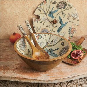Tazón para Servir Ensaladas de Madera de Mango Hecho a Mano con Diseño de Colibrí y Estampado Esmaltado, Juego de Utensilios de Cocina de Madera Ecológicos para Hoteles - Product Image 3