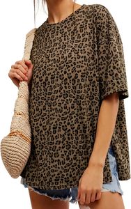 Camiseta Oversize con Estampado de Leopardo para Mujer, Manga Corta, Cuello Redondo, Corte Holgado, 100% Algodón, Estilo Jersey, Primavera-Verano, Camisetas Bajo Demanda - Product Image 2