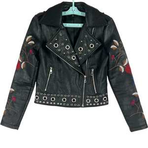 Chaqueta de Cuero con Bordado Floral Hecho a Mano para Mujer, Precio al por Mayor, Chaqueta Genuina con Bordado de Flores, Chaqueta de Moda Personalizada - Product Image 1