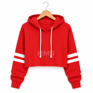 เสื้อฮู้ดครอปสีแดงลายทางสีขาว แขนยาวถักนิตติ้ง สำหรับฤดูใบไม้ร่วง ของชมรมนักเรียนหญิง HMR - Product Image 5