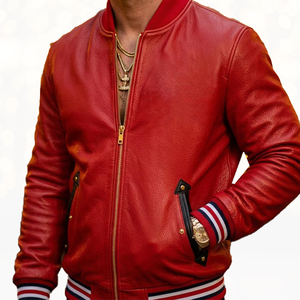 Nouvelle veste bomber en cuir d'agneau véritable rouge pour fraternité, avec fermeture éclair intégrale sur le devant et manches longues pour hommes — Commandes OEM en gros 2026 - Product Image 1