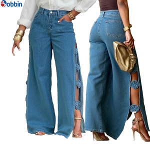 Jeans de mujer de cintura alta, holgados, casuales, nuevos, con aberturas, hechos a mano, con flores dimensionales, pantalones vaqueros de mezclilla para mujer - Product Image 5