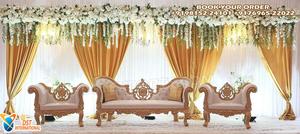 Conjunto de sofás con temática de boda real dorada, compre un conjunto de sofás ornamentados para bodas, conjunto de asientos de lujo para bodas asiáticas en Melbourne - Product Image 4