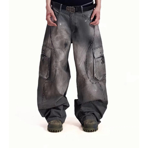 Jean cargo baggy en denim pour homme, coupe ample, jambe large, style streetwear, délavé, avec détails rivets, en coton épais, pantalon d'hiver - Product Image 2