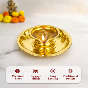 Diya Tradicional de Latón con Plato, Lámpara de Aceite Artesanal para Pooja, Soporte para Deepam/Vilakku, Decoración para el Hogar, Templo, Festivales, Regalos - Product Image 3