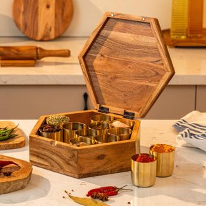 Boîte à masala en bois et laiton avec 9 récipients en laiton |   Bols à épices en laiton de 150 ml |   Boîte à épices en bois artisanale | - Product Image 2