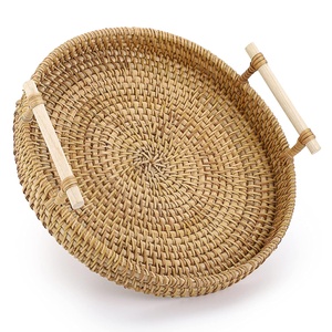 Handcrafted dinner meal <b>servings</b> <b>tray</b> made of rattan top quality natural <b>round</b> wooden buffet <b>tray</b> - Product Image 2
