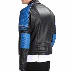 <b>Men</b>’s Quilted <b>Biker</b> Stylish Black and Blue Leather <b>Jacket</b> - Product Image 2