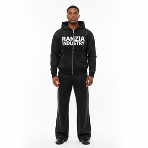 Sweat-shirt à capuche entièrement zippé personnalisé Ranzia Industry avec strass et broderie effet vieilli, et pantalon de jogging assorti - Product Image 1