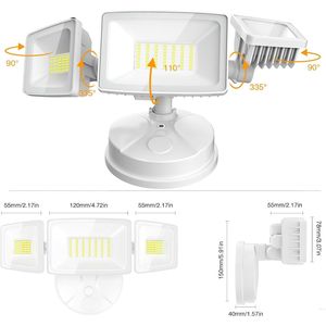 Fari LED da Esterno 75W, 7000LM di Luminosità, Illuminazione di Sicurezza con Interruttore, 3 Teste Regolabili, IP65 Impermeabile, 6500K, Montaggio a Parete - Product Image 4