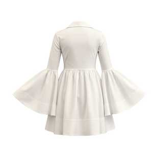 Women White Poplin Button <b>Down</b> Dress Long Bell Sleeve Flare Hem Elegant Casual Boutique Fashion Outfit - Product Image 2